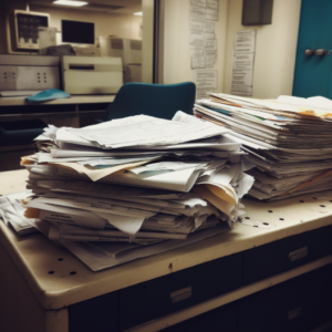 Picture of health clinic desk. Papers and files in stacks
