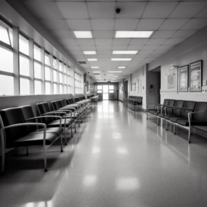 hospital hallway lined with empty chairs